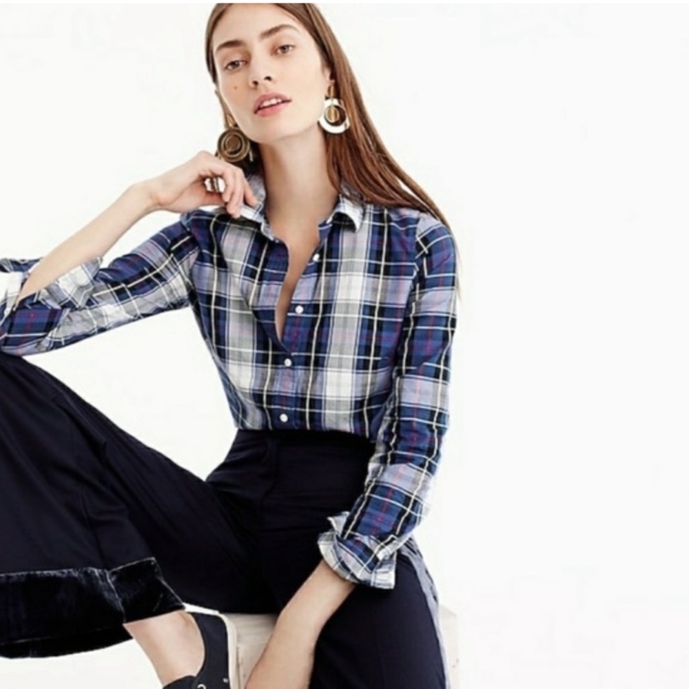 J.Crew Perfect Plaid Button Down 100% Cotton Blue/White Tartan Shirt size 0